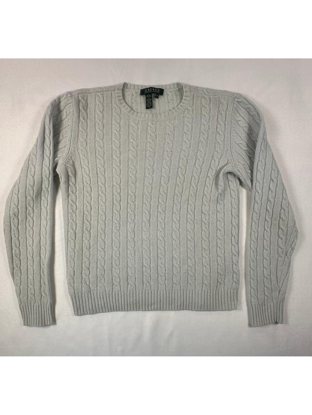Lauren Ralph Lauren Angora Merino Wool Cable Knit Sweater Medium Grey Crewneck